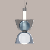 Pendant light, silver and blue-gray, layered geometric design with cylindrical source, spherical element, and inverted conical shade with diffuser.