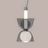 Pendant light, gray metal and white glass, cylindrical top with hourglass shade and rounded globe diffuser.