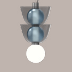 Pendant light fixture, gray and blue-gray, stacked conical shades with spherical elements and a white opaque bulb.