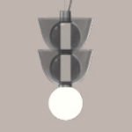 Pendant light fixture, matte gray metal, stacked inverted cone shades with central cutouts and rectangular support for a spherical bulb.