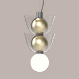 Pendant light, gold and white spheres, three-tiered design with clear glass bowls and silver metal hardware suspended from a dark cable.