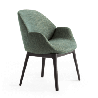 Distinguished Giorgetti Calathea armchair upholstered in textured greenish textile with a dark-toned metal swivel base