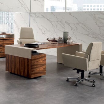Elegant 4 Mariani Crossing desk with glossy rosewood top, light beige supports and wood-grained drawer crafted in rosewood with soft leather accents