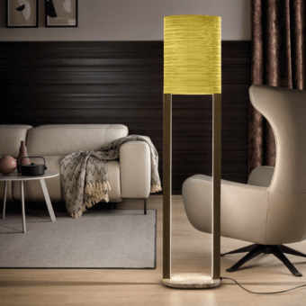Elegant Masiero Ebe floor lamp with metal structure and onyx stone base, showcasing a yellow fabric lampshade crafted in Italy