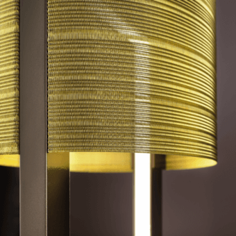 Exceptional Masiero Ebe floor lamp with metal structure and onyx stone base in golden woven cylindrical shade with dark matte finish