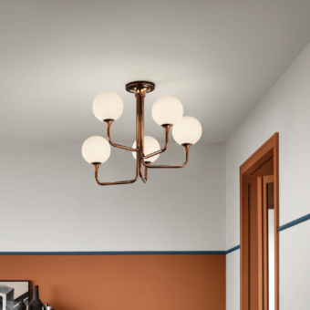 Distinguished Masiero Tee ceiling lamp with a glossy copper tone metal frame and ribbed spherical glass light diffusers