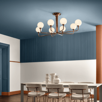 Distinguished Masiero Tee Oval ceiling lamp with metal structure and glass spheres in copper finish