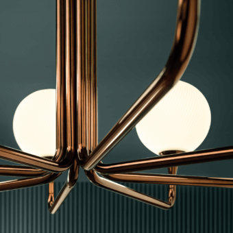 Elegant Masiero Tee Oval ceiling lamp with curved metal arms and bright white spherical glass shades