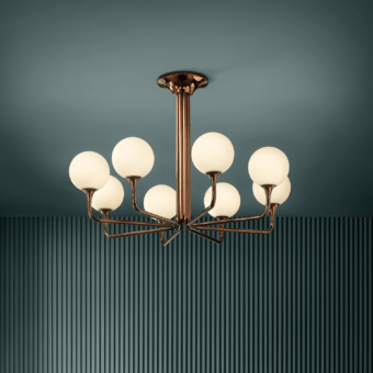 Superior Masiero Tee Round ceiling lamp with polished metal and delicate spherical white glass shades in a copper-like finish