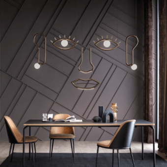 Distinguished Masiero Visio suspension lamp with painted metal frames and white Murano triplex glass diffusers in satin gold or bronze finish