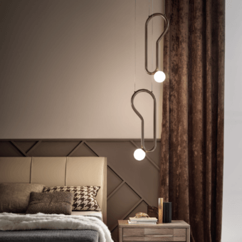 Exceptional Masiero Visio suspension lamp with curved forms and white Murano triplex glass diffuser in satin brass or bronze tone