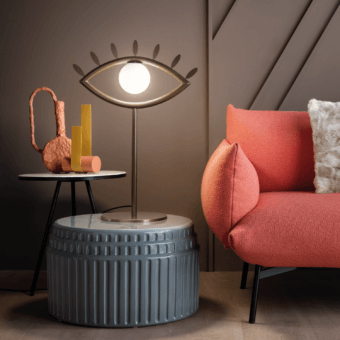 Distinguished Masiero Visio table lamp with an eye-shaped frame and Murano triplex glass diffuser in a smooth satin finish