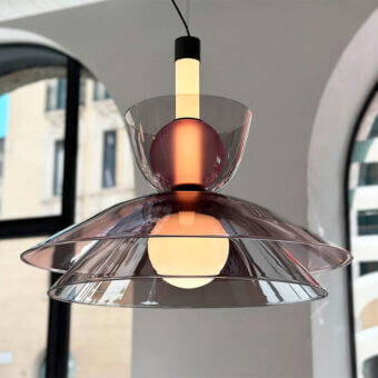 Exceptional Penta Gems suspension lamp crafted in transparent materials with satin metal and smoky gray-brown gradient effects