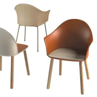 Distinguished Presotto Profilo Cristallo chair with curved backrest and embossed arch exhibiting light grey seat with brown accents in sleek metal legs