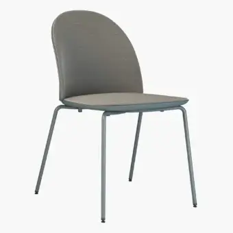 Elegant Presotto Profilo Cristallo chair with medium gray fabric upholstery and muted blue-gray metal legs exhibiting an embossed arch motif
