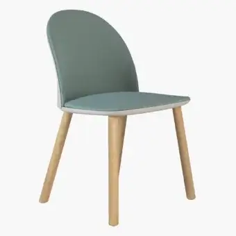 Distinctive Presotto Profilo Cristallo chair with muted green-blue textile upholstery and light wood legs exhibiting an embossed arch motif