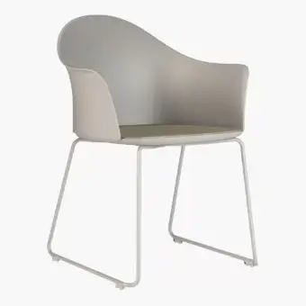 Elegant Presotto Profilo Tofane chair with light gray synthetic material, tan cushion and matte metal sled base crafted in Italy