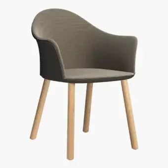 Exceptional Presotto Profilo Tofane chair with wrap-around backrest and fan-shaped armrests in matte grey-brown textile with light wooden legs