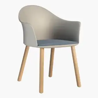 Elegant Presotto Profilo Tofane chair with organically curved silhouette in matte synthetic material and blue upholstery with light-toned wooden legs