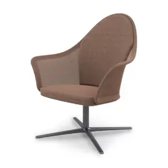 Presotto profilo chair, brown upholstered fabric, curved backrest with mesh sides and dark gray five-star swivel base.