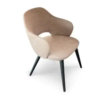 Elegant Presotto Verbena armchair crafted in Italy with light brown textured textile upholstery and black finished Ash legs