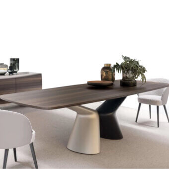 Distinctive Presotto Victor table with a dark brown surface and light gray with black pedestal base crafted in Italy