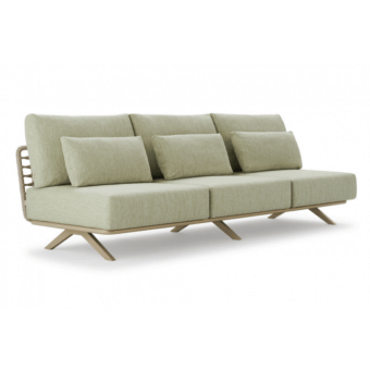 Distinguished Roberti Rattan Armàn sofa crafted with stainless steel and aluminum in light beige powder coating and Oval Trendyrope weave