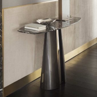 Elegant Rugiano Absolute console with dark gray marble top and conical pedestal base crafted in high-end steel