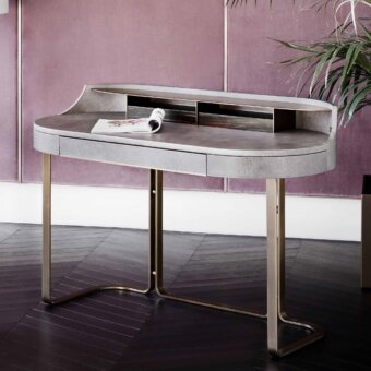 Distinguished Rugiano Roma desk with grey leather top and bronzed brass U-shaped legs crafted in Italy