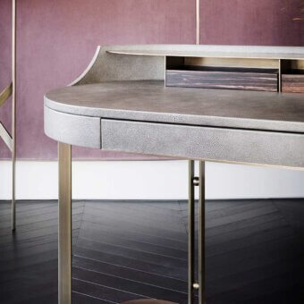 Captivating Rugiano Roma desk with a light gray textured faux leather top and bronzed brass legs crafted in dark wood