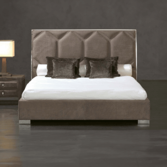 Distinguished Rugiano Souffle bed with a geometric headboard and bronzed brass trim upholstered in textured muted brown textile