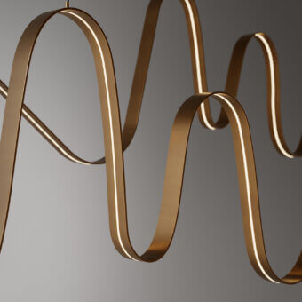 Elegant VENICEM Bissa suspension lamp in délabré burnished brass with a continuous matte golden metal ribbon and bright LED strip