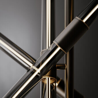 Exceptional VENICEM Cross suspension lamp with intersecting metal rods and smoke grey Murano glass tubular diffusers in golden metallic accents