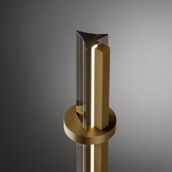 Distinguished VENICEM Optical Floor Lamp with burnished brass structure and Murano glass trihedron crafted in Italy
