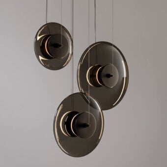 Superior VENICEM Zen suspension lamp with smoked Murano glass discs and burnished brass structure