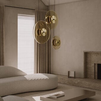 Superior VENICEM Zen suspension lamp with dynamic discs of glossy Murano glass and burnished brass structure