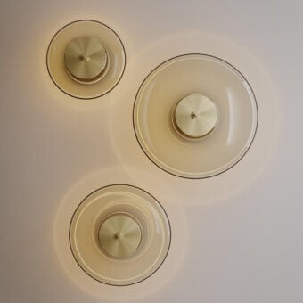 Sophisticated VENICEM Zen ceiling/wall lamp crafted with colored Murano glass and burnished brass emitting a warm gold glow