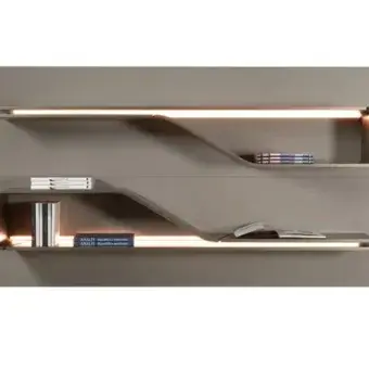 Wall-mounted shelving system, white panel, clear glass shelves and boxes, connected by metal rods, modular design, minimalist aesthetic.
