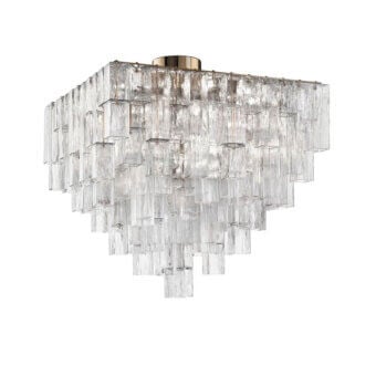Murano glass ceiling lamp, clear rectangular rods, brass framework, square tiered design, studio product shot, ambient lighting.