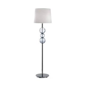 Murano floor lamp, chrome finish, with clear glass orbs displaying marbled patterns and a matte off-white conical lampshade.