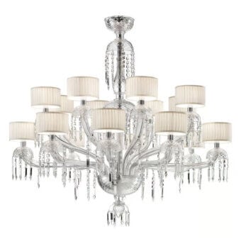 Crystal chandelier with polished chrome framework, sixteen ribbed off-white lampshades, and cascading clear crystal pendants, studio shot.