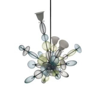 Murano glass suspension lamp with hand-blown glass elements in pale blue, green, and gray tones, featuring a wire mesh cage structure.