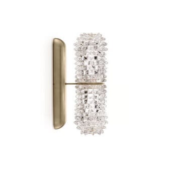 Murano wall lamps, brushed brass backplate, dual cylindrical clear glass shades with textured crystalline protrusions, studio lighting.