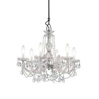 Crystal chandelier, polished chrome finish, multi-tiered design with clear crystal droplets and six candle-style lights.