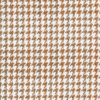 Pied de poule pattern with orange and gray hues on white, displaying a dense, woven texture of irregular feather-like shapes in a repeating design.
