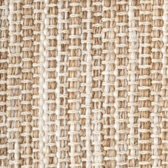 Sand blend textile sample with alternating beige and brown vertical bands, dense weave, natural fibers, matte finish, studio shot.