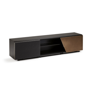 TV stand, dark gray and black, rectangular form with carbon fiber texture and aged bronze sliding panel detail.