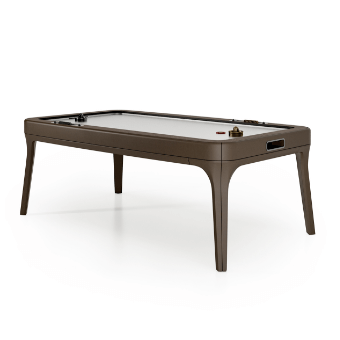 Air hockey table, dark brown composite, rectangular shape with tapered legs and glossy acrylic playing surface for studio display.