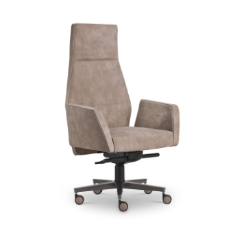 Armchair, beige suede-like fabric, high rectangular backrest with squared armrests and five-star dark gray caster base.