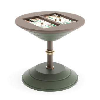 Backgammon table, dark brown wood, circular playing surface with green and white checkers, supported by a dark green pedestal base with brass detail.